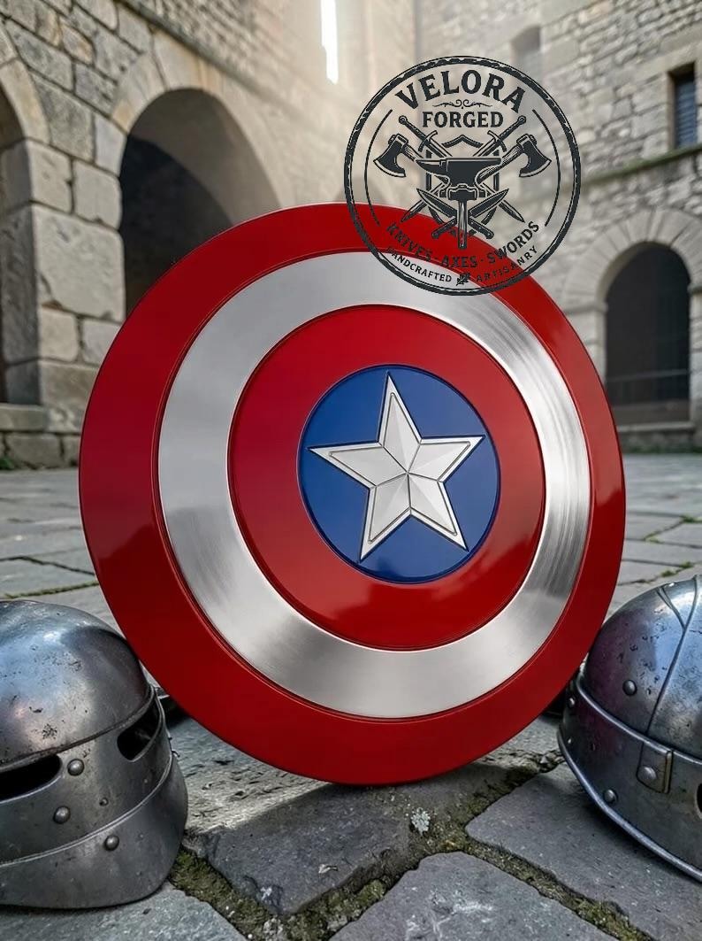 May include: A circular shield featuring a red outer ring, a silver metallic middle ring, and a blue center circle with a raised silver five-pointed star. A circular logo with the text VELORA FORGED KNIVES AXES SWORDS HANDCRAFTED ARTISANRY is visible.