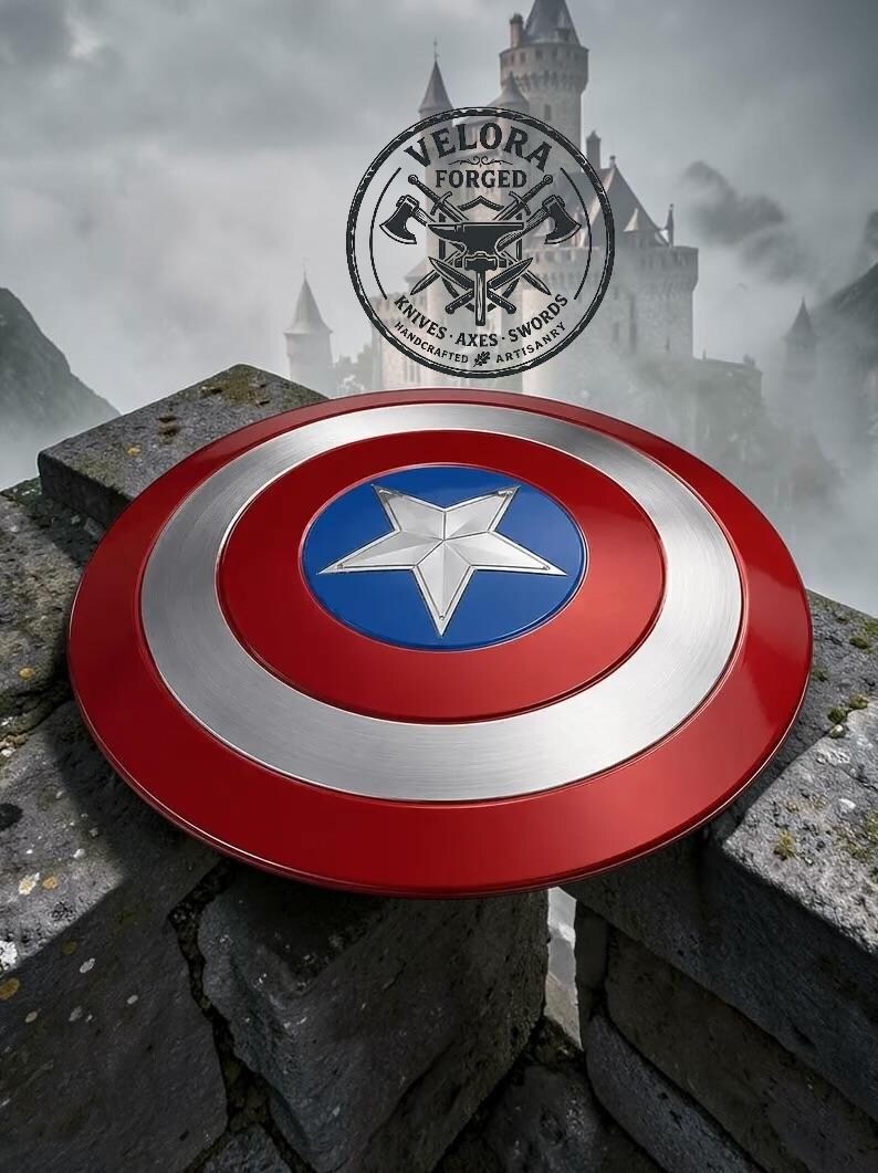 May include: A circular shield featuring a metallic red outer ring, a silver middle ring, and a blue center circle with a prominent silver five-pointed star. Above the shield, a circular logo displays the text VELORA FORGED KNIVES AXES SWORDS.