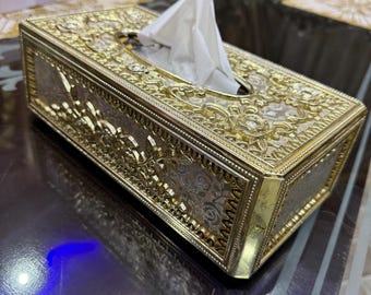 Luxury Gold Tissue Box Cover, Vintage Floral Embossed Tissue Holder, Ornate Decorative
