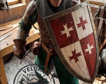 Handcrafted Wooden Knight Shield: Crusader Templar Heater Style Wall Display