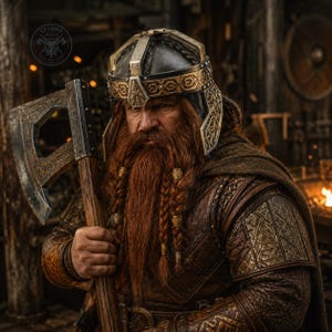May include: A warrior figure with a long, braided red beard wearing a metallic helmet with intricate gold-toned engravings and a dark leather tunic. The figure holds a large, weathered metal axe with a wooden handle and wears a dark brown cloak.