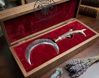 Hand Forged Carbon Steel Moon Blade Knife, Stag Horn Handle, Rustic Display Decor