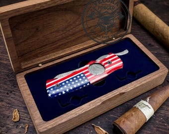 Damascus Cigar Cutter Knife Handmade Tobacco Blade Pocket Cutter Gift for Smokers Collectible Gentleman Accessory USA Flag