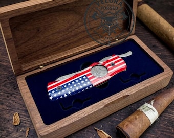 Damascus Cigar Cutter Knife Handmade Tobacco Blade Pocket Cutter Gift for Smokers Collectible Gentleman Accessory USA Flag