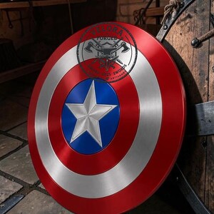 May include: A circular metal shield featuring concentric rings of red and silver with a central blue circle containing a silver five-pointed star. A circular logo with the text VELORA FORGED AXES SWORDS ARTISANRY is overlaid on the top.