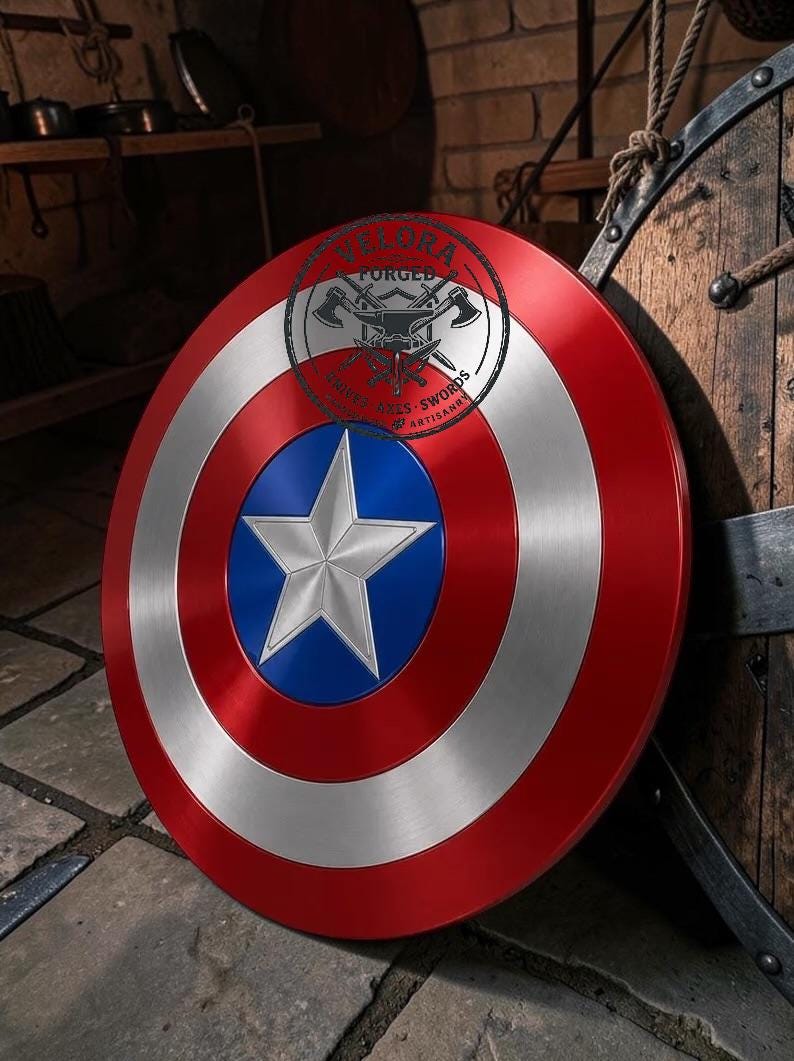 May include: A circular metal shield featuring concentric rings of red and silver with a central blue circle containing a silver five-pointed star. A circular logo with the text VELORA FORGED AXES SWORDS ARTISANRY is overlaid on the top.