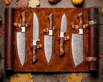 Handmade Damascus Chef Knife Set, Rosewood Handle, Leather Roll Bag
