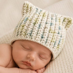 May include: A crocheted beanie with cat-ear-shaped points at the top. The hat is crafted from yarn featuring a variegated color palette of cream, soft sage green, and muted blue, showcasing a vertical ribbed texture throughout the design.