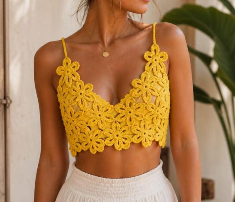 39 Bralette Crochet Patterns for Summer Layers, Gifts, and Handmade Style 34 Crochet Lace Bralette Floral Motif Top Tutorial Beginner