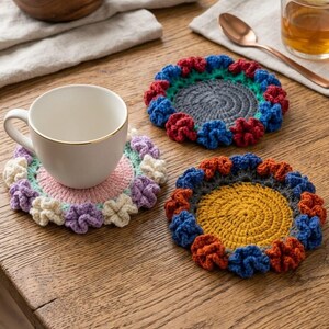 May include: Three handmade crochet coasters in a variety of colors, including pink, purple, blue, and yellow. One coaster has a white teacup with a gold rim on top. The coasters are circular with a floral design around the edges.