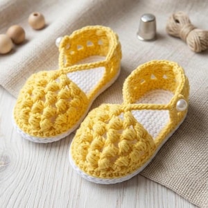 Op de afbeelding: Een paar felgele gehaakte babyschoentjes met een gestructureerd ruitpatroon op de neus, een witte zool en een enkele witte parel op het zijbandje. De schoentjes zijn gemaakt van dik garen en hebben een afgeronde neus.
