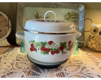 Vintage Enamelware Strawberry Stock Pot with Lid White Floral Cottagecore 9.5in