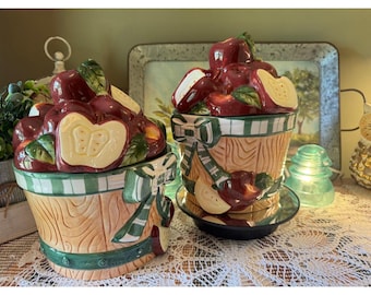 Vintage Young's Inc 1999 Apple Basket Ceramic Canister Set of 2 Red Green 9"