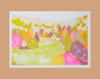 Originele risografieprint - Miniatuurprint 10,5 x 7,5 cm - Illustratie van het Vogezengebergte