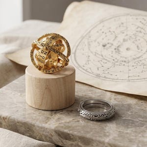 May include: A gold-coloured spherical armillary ring that unfolds into a band, featuring engraved letters and symbols. Beside it sits a silver-coloured band with intricate floral-style engravings. Both items are displayed on a light wooden cylinder.