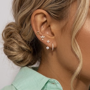 14k Gold Plated 4 Pcs Earring Stack Ear Cuff Set,Tiny Minimalist Clip On Stud and Huggie Hoop Earrings,Cute Dainty  Whimsical Conch Earrings