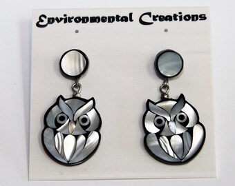 ARTISTIC HANDMADE EARRINGS Mother Of Pearl Shell  / Owl Art