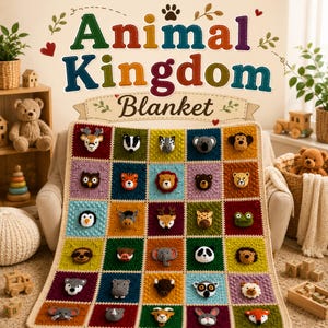 Puede incluir: Una manta "Animal Kingdom" hecha a mano con caras de animales de ganchillo en una cuadrícula colorida. La manta tiene un borde crema y se muestra en un sillón beige. El texto "Animal Kingdom Blanket" está en la parte superior.