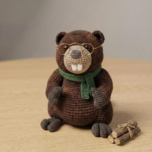 May include: A crocheted brown beaver stuffed animal wearing gold-rimmed glasses and a green scarf. The beaver has a light tan muzzle, two white front teeth, and dark gray paws. Next to the beaver is a small bundle of three wooden sticks tied with twine.