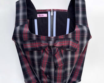 Top corsé a cuadros hecho a mano con lazo / Bustier de tartán Y2K