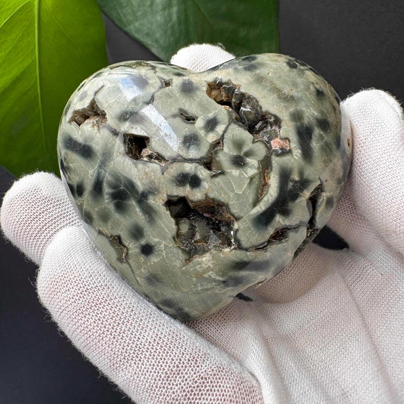 May include: A heart-shaped polished stone featuring a smooth, light sage green surface with dark charcoal grey spots and irregular, deep crystalline fissures throughout the structure, showcasing natural mineral textures and patterns.
