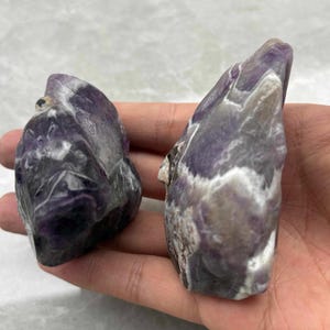 May include: Two raw amethyst crystals. The crystals have a mix of purple, white, and gray hues. The rough texture and natural shape of the stones are visible. The crystals are held in a hand.