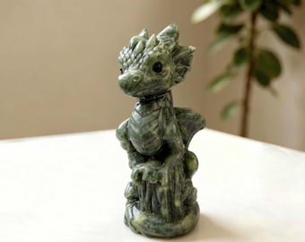 Hand-Carved Serpentine Dragon Figurine, 10cm Miniature Fantasy Statue, Whimsical Stone Desk Decor, Unique Mineral Collectible Gift