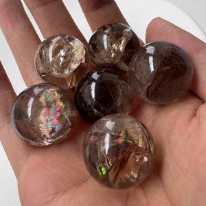 Op de afbeelding: Zes gepolijste rookkwartskogels in verschillende tinten bruin en bruin worden in een hand gehouden. De bollen hebben interne breuken en iriserende regenboogreflecties. De bollen zijn glad en rond.