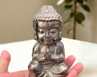 Natural Pyrite Baby Buddha Figurine, 10cm Hand-Carved Gemstone Meditating Buddha Statue, Metallic Mineral Sculpture, Desk Decor
