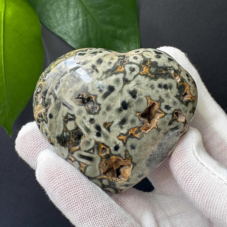 May include: A polished heart-shaped stone featuring a mottled pattern of sage green, dark grey, and black spots with embedded golden-brown crystalline vugs. The surface displays a smooth, glossy finish with natural crevices and mineral inclusions.