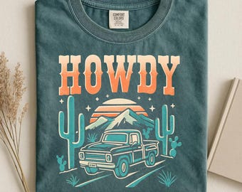 Howdy Retro Truck Cactus Sunset T-Shirt, Western Desert Graphic Tee