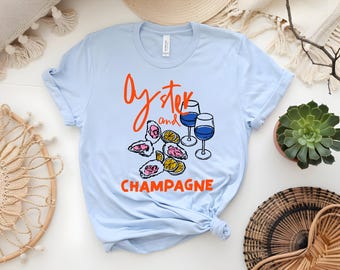 Oyster and Champagne Shirt, Coastal Summer Tee, Beach Vacation Shirt, Seafood Lover Tee, Funny Summer Graphic
