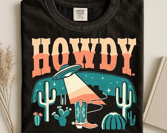 UFO Cow Abduction Shirt, Retro Western Graphic Tee, Alien Cowboy Boot Cactus Apparel