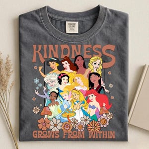May include: Dark gray t-shirt featuring a graphic of various cartoon princesses with the word "KINDNESS" above and "GROWS FROM WITHIN" below. The shirt has a crew neck and a Comfort Colors tag.