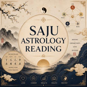 Op de afbeelding: Een astrologie-thema illustratie met de tekst "SAJU ASTROLOGY READING". Het ontwerp bevat een yin-yang symbool, een vijf-elementen diagram en iconen die liefde, carrière, rijkdom, gezondheid en bestemming vertegenwoordigen. De achtergrond toont een landschap met bergen en wolken.