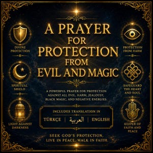 Könnte beinhalten: Digitales Kunstbild mit dunkelblauem Hintergrund und goldenen Akzenten. Der Text lautet "Ein Gebet für Schutz vor Bösem und Magie". Enthält Symbole für göttlichen Schutz, spirituellen Schild und Licht gegen die Dunkelheit.