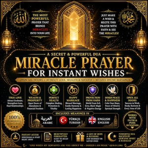 May include: A black and gold graphic with the words "Miracle Prayer" and related text. The image includes icons representing love, wealth, health, marriage, protection, inner peace, and open doors. The text is in English, Arabic, and Turkish.