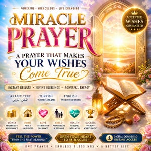 Puede incluir: Gráfico digital que promociona una "Oración Milagrosa" con texto en inglés, árabe y turco. La imagen incluye iconos que representan bendiciones, un libro, un rosario y un arco decorativo con vista al atardecer.