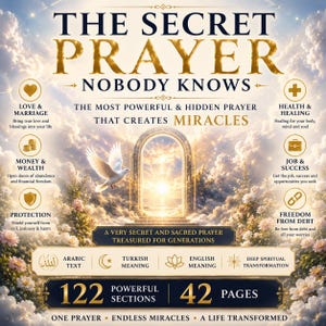 Può includere: Copertina di un libro con il titolo "THE SECRET PRAYER NOBODY KNOWS" in lettere dorate. La copertina presenta una colomba, un arco e testo su amore, matrimonio, salute, ricchezza e libertà. Il libro ha 122 sezioni potenti e 42 pagine.