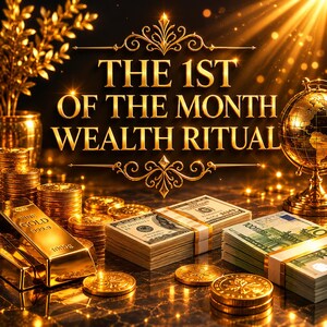 Può includere: Immagine dorata con il testo "THE 1ST OF THE MONTH WEALTH RITUAL". L'immagine presenta lingotti d'oro, pile di monete, mazzette di dollari USA ed euro e un globo decorativo. Lo sfondo è scuro con effetti di luce dorata.