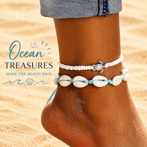 Beach Shell Anklet Set, Turtle Charm, Boho Ocean Jewelry, Summer Foot Bracelet