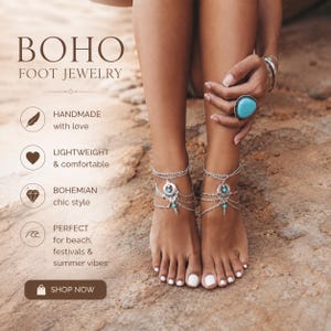 May include: Silver-toned metal foot jewellery featuring multiple delicate chains, circular filigree accents, and small turquoise-coloured beads. The jewellery is worn around the ankles, complemented by a matching ring with a large turquoise stone.