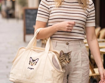 Custom Cat Carrier Embroidered Canvas Tote Bag, Personalized Pet Travel Bag Breathable Lightweight, Custom Kitten Name Gift, Cat Mom gift