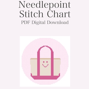 May include: A digital needlepoint stitch chart download. The image features a pixelated illustration of a tote bag with a smiling face. The bag is beige with pink accents and a pink handle, set against a pink circle.