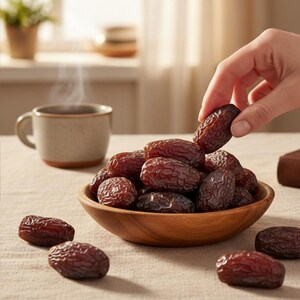 May include: A wooden bowl of dates, with a hand selecting one. The dates are dark brown and have a wrinkled appearance. A cup of coffee is also present, with steam rising from it.