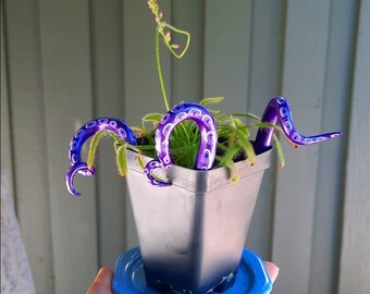 Metallic Purple Octopus Tentacle Plant Stakes, Polymer Clay Decor, Octopus Art, Plant Decor