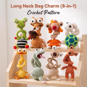 May include: Eight crocheted long neck bag charms featuring various animal designs including a frog, squirrel with an acorn, turtle, duck, and snake. The text Long Neck Bag Charm (8-in-1) Crochet Pattern is displayed above the colorful yarn figures.