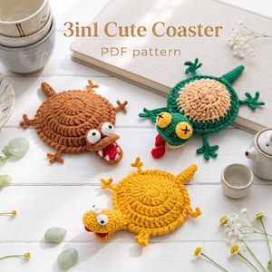 Crochet Animal Coaster Patterns, Crocodile Gecko Lizard Mug Rug (PDF Download)