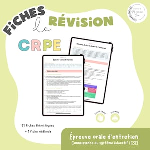 Peut inclure: Guides de révision numériques pour l'examen CRPE. L'image présente deux tablettes affichant du matériel d'étude. Le texte sur les tablettes comprend "Système éducatif français" et "Missions, droits et devoirs de l'enseignant." Il y a aussi "11 fiches thématiques + 1 fiche méthode."