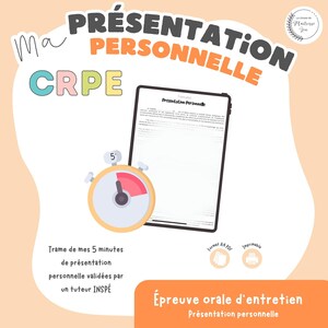 Peut inclure: Une maquette de présentation numérique avec le texte "PRÉSENTATION PERSONNELLE" et "CRPE". Un chronomètre indique 5 minutes. Le texte "Épreuve orale d'entretien" et "Présentation personnelle" sont également visibles. La maquette est conçue pour une présentation personnelle.